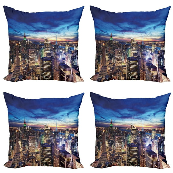 Ambesonne City Throw Pillow Cover 4 Pack, Buildings Midtown at Dusk, 20", Tan Navy Blue Aqua