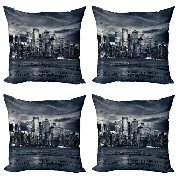 Ambesonne City Throw Pillow Cover 4 Pack, Dramatic View NYC Skyline, 24", Blegrey Black White