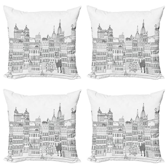Ambesonne City Throw Pillow Cover 4 Pack, Historic Italy Rome Skyline, 20", Charcoal Grey and White