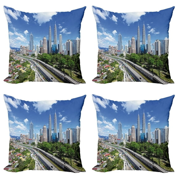 Ambesonne City Throw Pillow Cover 4 Pack, Kuala Lumpur in Clear Day, 24", Pale Grey Blue Green
