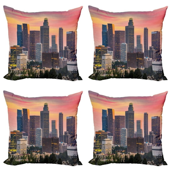 Ambesonne City Throw Pillow Cover 4 Pack, Los Angeles Skyline Orange Sky, 20", Multicolor