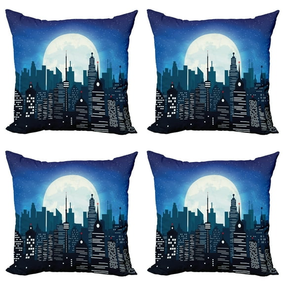 Ambesonne City Throw Pillow Cover 4 Pack, Modern Capital Moon Night, 20", Multicolor