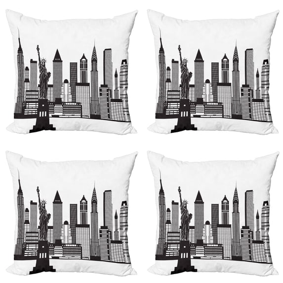 Ambesonne City Throw Pillow Cover 4 Pack, New York Skyline Lady Liberty, 20", Charcoal Grey and White