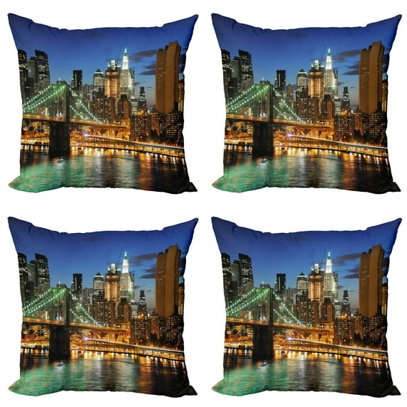 Ambesonne City Throw Pillow Cover 4 Pack, New York at Night Bridge, 18", Multicolor
