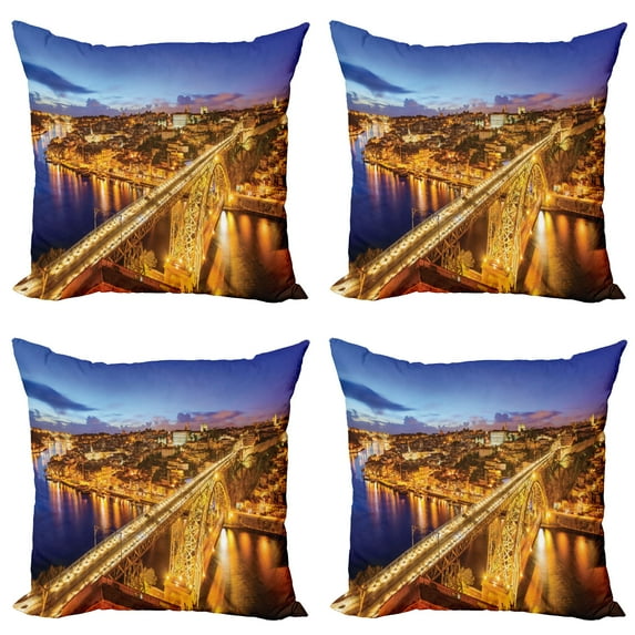 Ambesonne City Throw Pillow Cover 4 Pack, Porto Dom Luis Bridge, 18", Apricot Violet Blue
