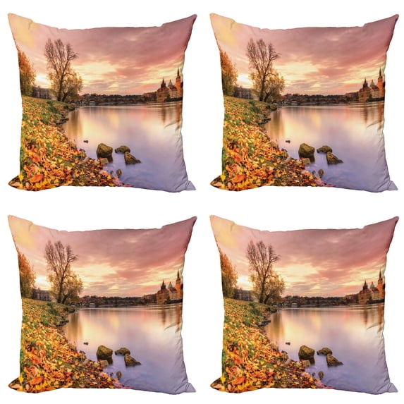 Ambesonne City Throw Pillow Cover 4 Pack, Prague Riverside Autumn, 24", Pink Orange
