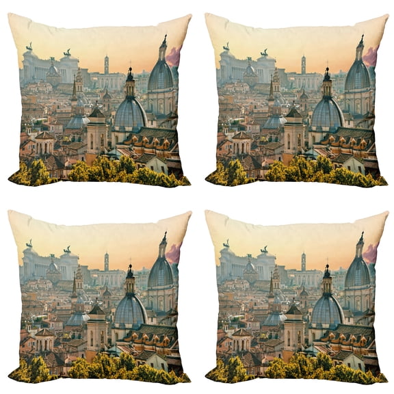 Ambesonne City Throw Pillow Cover 4 Pack, Rome Historical Landmark, 24", Pale Salmon Ivory Green