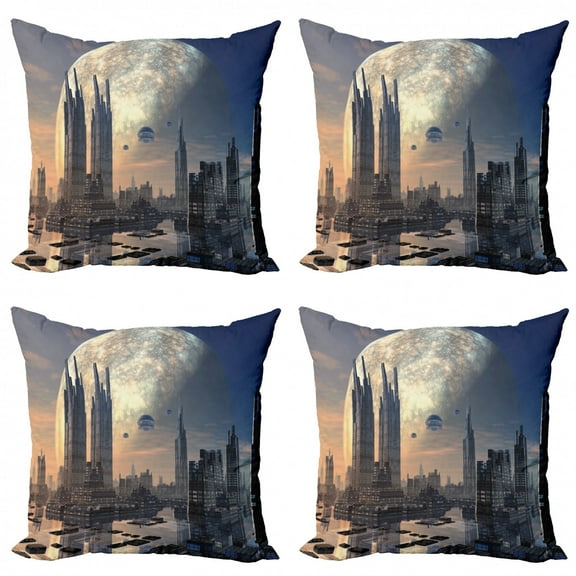 Ambesonne City Throw Pillow Cover 4 Pack, Spacecraft in Formation, 24", Peach Tan Blue