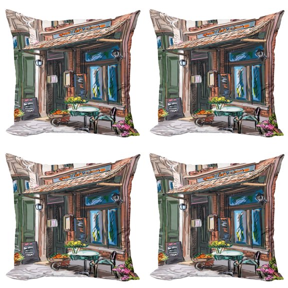 Ambesonne City Throw Pillow Cover 4 Pack, Street Paris Cafe Eating, 16", Multicolor