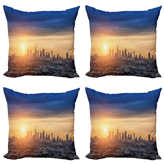 Ambesonne City Throw Pillow Cover 4 Pack, Sunrise at Los Angeles, 16", Navy Blue Apricot Ivory