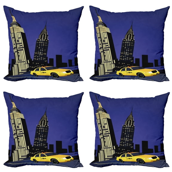 Ambesonne City Throw Pillow Cover 4 Pack, Taxi New York American, 18", Violet Blue Yellow Black
