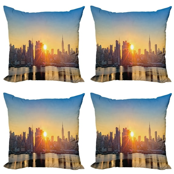 Ambesonne City Throw Pillow Cover 4 Pack, Tranquil Sunrise Midtown, 20", Pale Blue Peach Tan