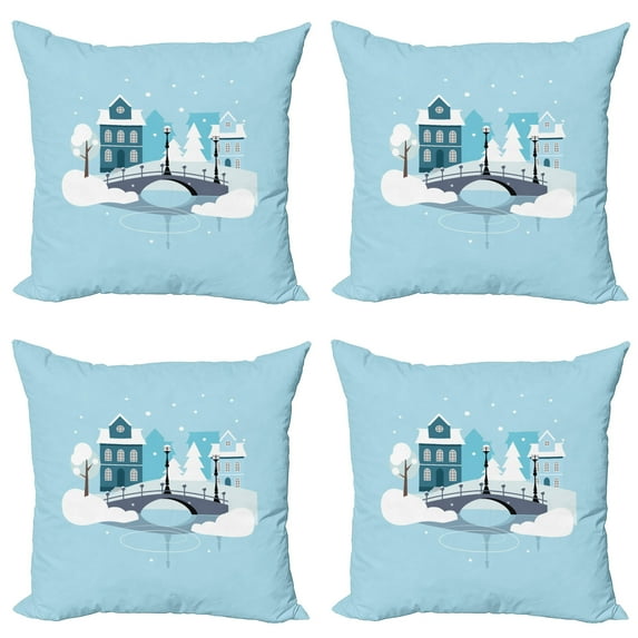 Ambesonne City Throw Pillow Cover 4 Pack, Winter Season Composition, 16", Pale Blue Grey White