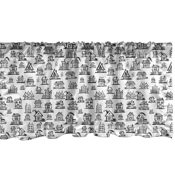 Ambesonne City Window Valance, Village Houses Doodle Town, 42" x 12", Black White