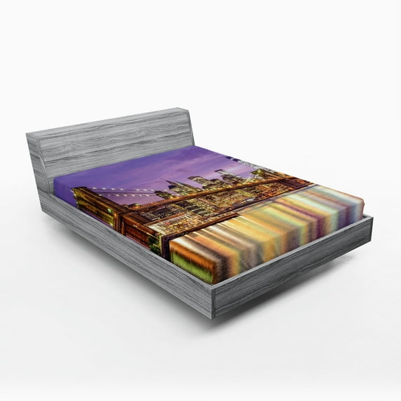 Ambesonne Citylife Fitted Sheet, Colorful Night Scenery NYC, King Size, Purple and Yellow