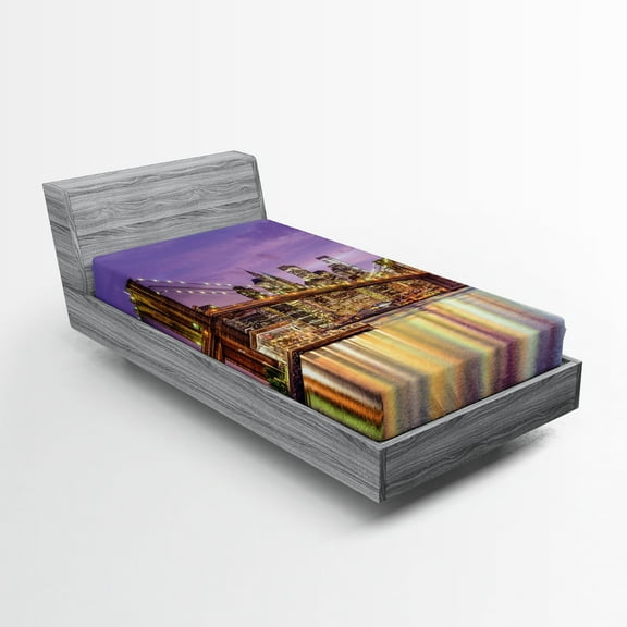 Ambesonne Citylife Fitted Sheet, Colorful Night Scenery NYC, Twin Size, Purple and Yellow