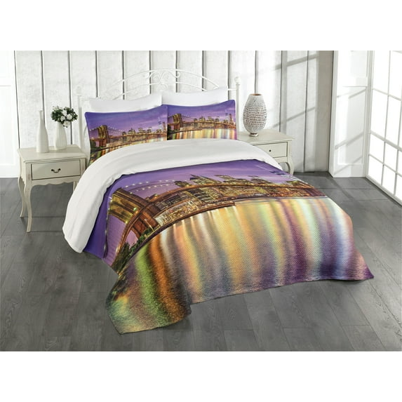 Ambesonne Citylife Quilted Coverlet 3 Pcs, Colorful Night Scenery NYC, King Size, Purple and Yellow