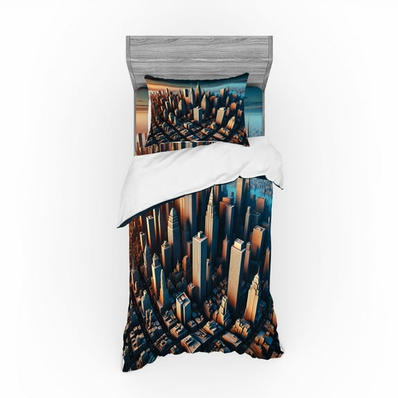 Ambesonne Cityscape Bedding Set 3 Pcs, Manhattan Panorama Urban, TwinXL, Blue and Pale Cinnamon