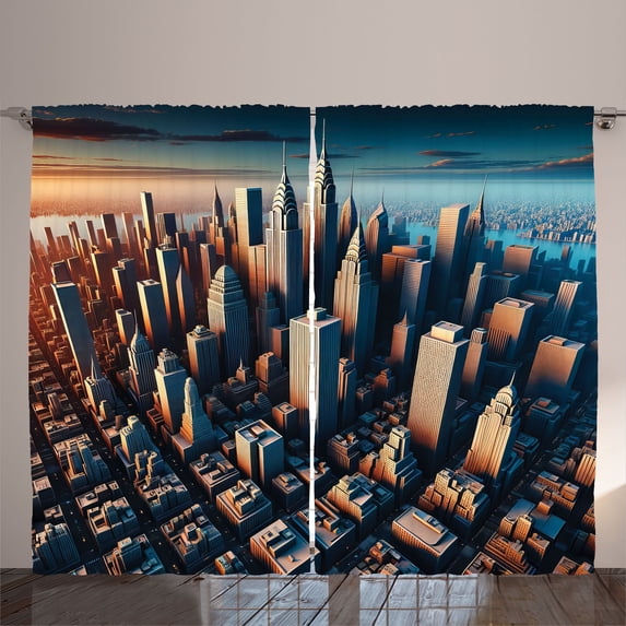 Ambesonne Cityscape Curtains 2 Panel Set, Manhattan Panorama Urban, 108" x 96", Blue and Pale Cinnamon