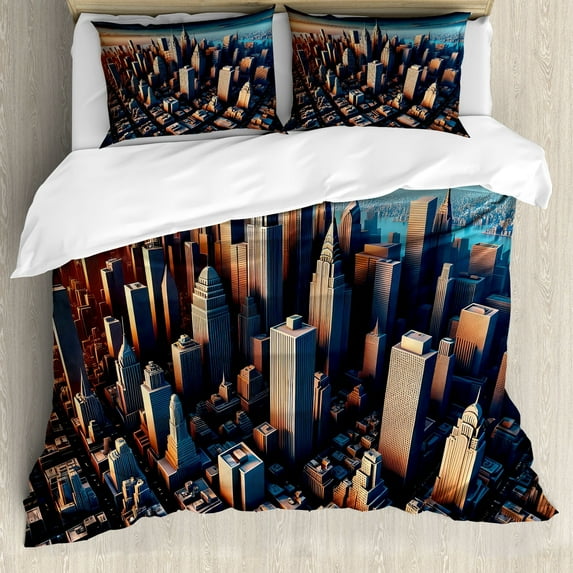 Ambesonne Cityscape Duvet Cover Set, Manhattan Panorama Urban, King, Blue and Pale Cinnamon