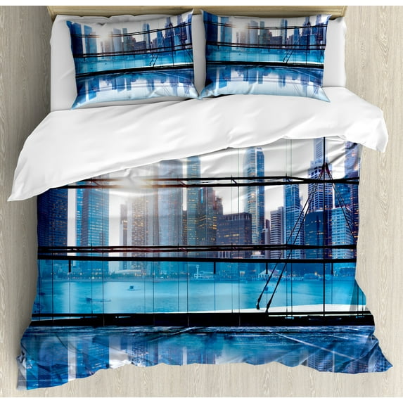 Ambesonne Cityscape Duvet Cover Set, View with Skyscrapers, 2-Calking, Pale Blue White