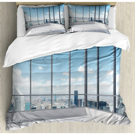 Ambesonne Cityscape Duvet Cover Sets, Office with Sunny Sky, 2-Queen, Sky Blue Grey and White