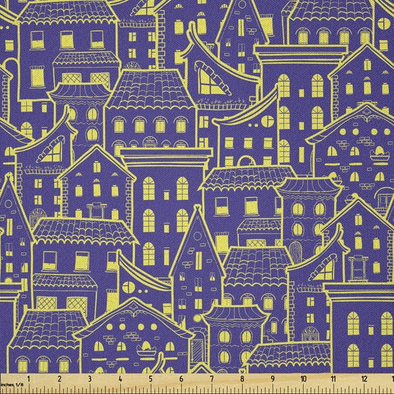 Ambesonne Cityscape Fabric by the Yard Microfiber, Bicolour Doodle Houses, 5 Yards, Blue Violet and Yellow