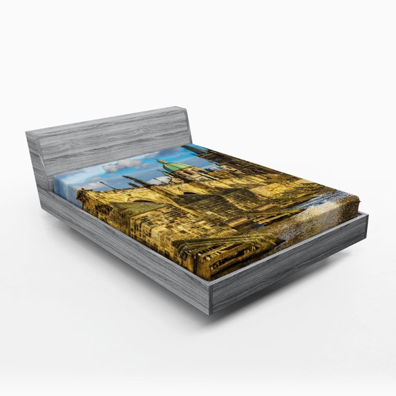 Ambesonne Cityscape Fitted Sheet, Czech Antique Castle, Queen Size, Multicolor