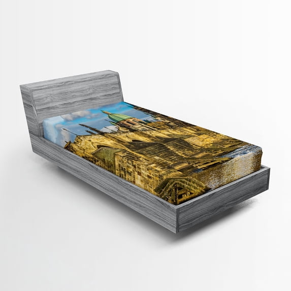 Ambesonne Cityscape Fitted Sheet, Czech Antique Castle, Twin Size, Multicolor
