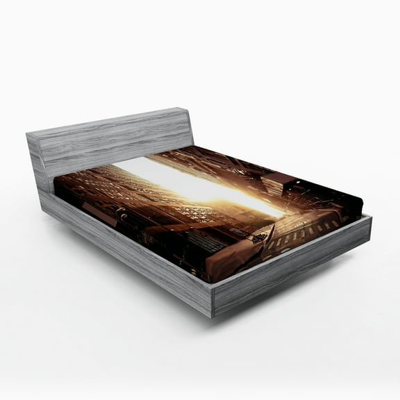Ambesonne Cityscape Fitted Sheet, Early Morning Manhattan, Full Size, Umber Cream