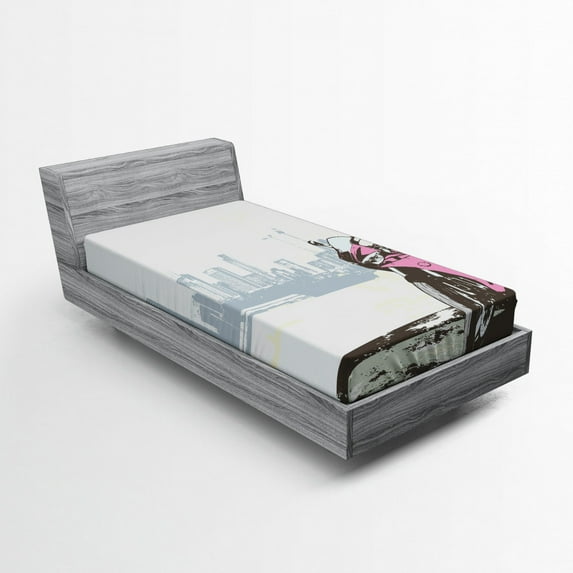 Ambesonne Cityscape Fitted Sheet, Motorbike by River, Twin XL Size, Pink Black