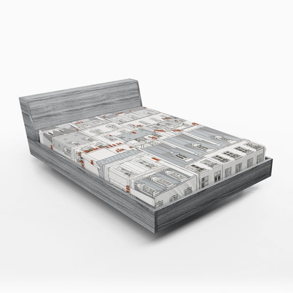 Ambesonne Cityscape Fitted Sheet, Paris Aerial Scenery, Queen Size, Pale Grey Orange White