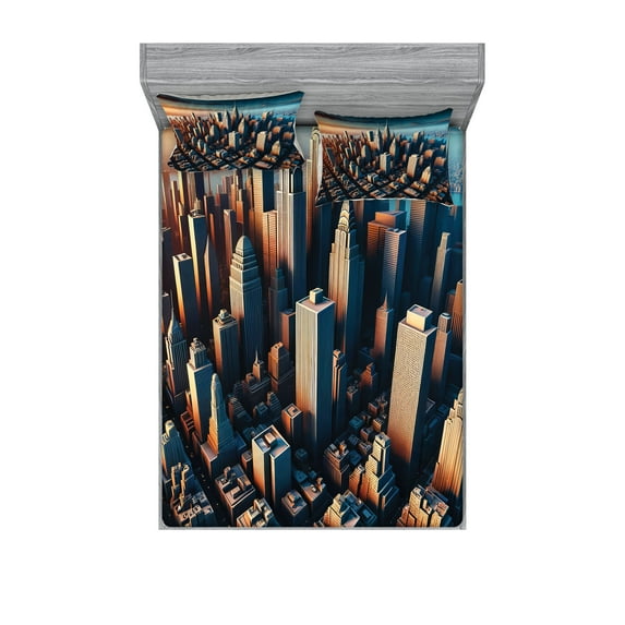 Ambesonne Cityscape Fitted Sheet & Pillow Sham Set, Manhattan Panorama Urban, Queen, Blue and Pale Cinnamon
