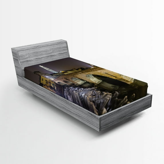 Ambesonne Cityscape Fitted Sheet, Roman Bridge, Twin XL Size, Black Beige