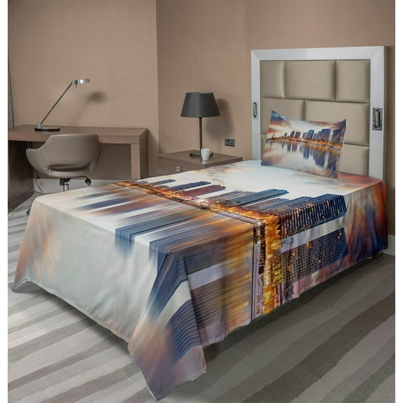 Ambesonne Cityscape Fitted & Top Sheet Set with Sham, Buildings Dawn Reflection, Multicolor