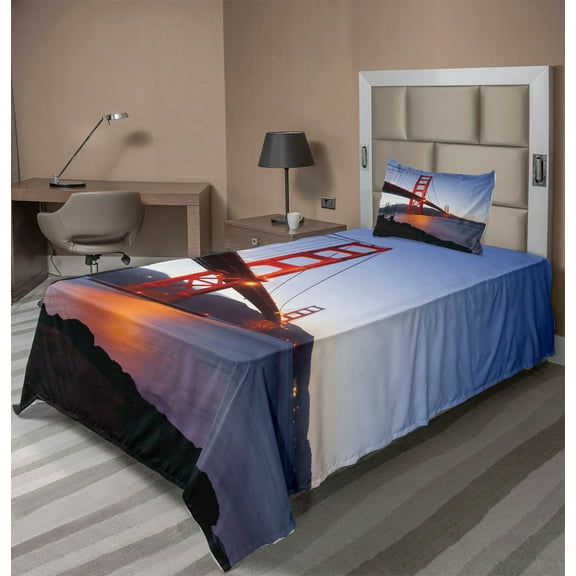 Ambesonne Cityscape Fitted & Top Sheet Set with Sham, San Francisco Bridge, Orange Violet Blue