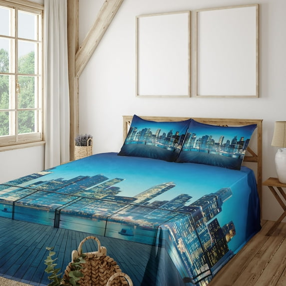 Ambesonne Cityscape Fitted & Top Sheet Set with Shams, Skyscrapers from Balcony, Pale Yellow Night Blue