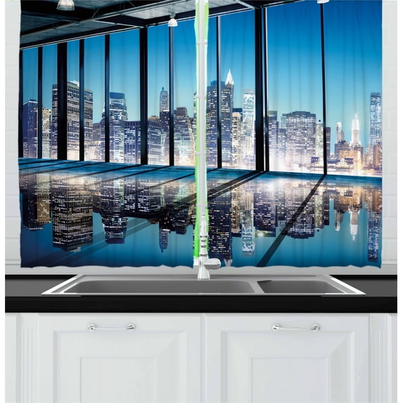Ambesonne Cityscape Kitchen Curtains, Buildings with Glass, 55"x39", Blue Black and White