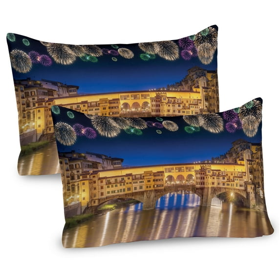 Ambesonne Cityscape Pillow Sham 2 Pack, Night Panoramic View, 30"x20", Yellow Navy Purple