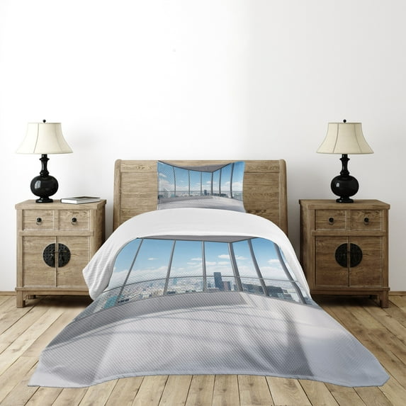 Ambesonne Cityscape Quilted Bedspread Set 2 Pcs, Office with Sunny Sky, Twin Size, Sky Blue Grey and White