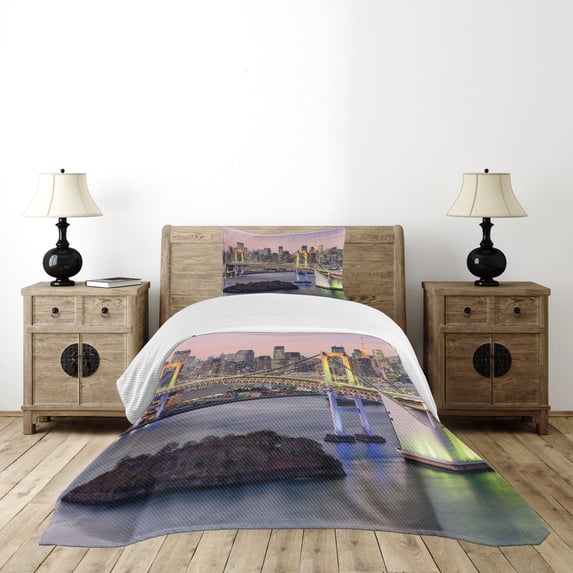 Ambesonne Cityscape Quilted Bedspread Set 2 Pcs, Tokyo Japan Bridge, Twin Size, Multicolor