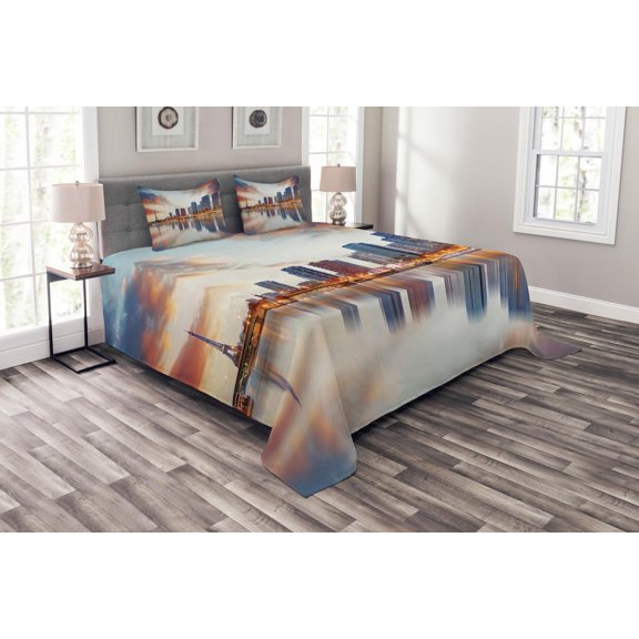 Ambesonne Cityscape Quilted Bedspread Set 3 Pcs, Buildings Dawn Reflection, Queen Size, Multicolor