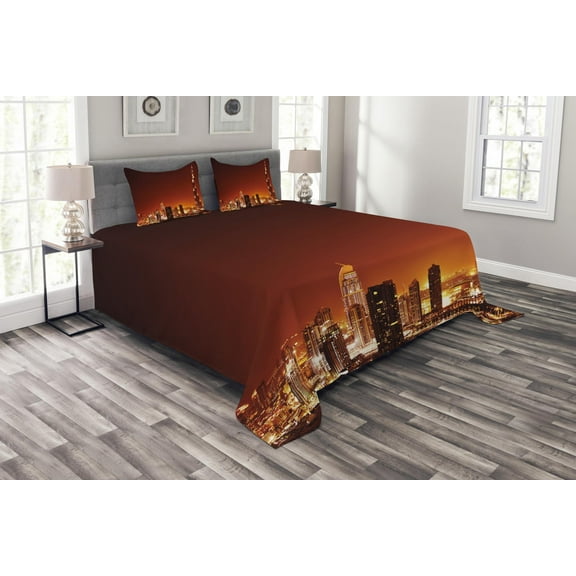 Ambesonne Cityscape Quilted Bedspread Set 3 Pcs, East Dubai Landscape, King Size, Multicolor