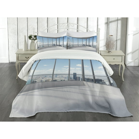 Ambesonne Cityscape Quilted Bedspread Set 3 Pcs, Office with Sunny Sky, Queen Size, Sky Blue Grey and White