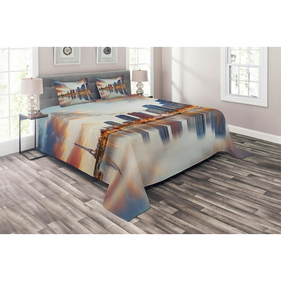 Ambesonne Cityscape Quilted Coverlet 3 Pcs, Buildings Dawn Reflection, King Size, Multicolor