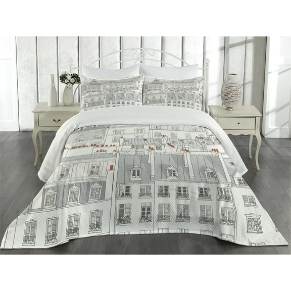 Ambesonne Cityscape Quilted Coverlet 3 Pcs, Paris Aerial Scenery, Queen Size, Pale Grey Orange White