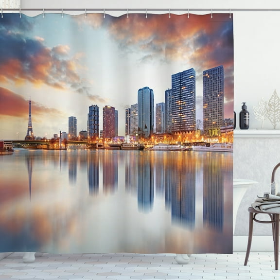 Ambesonne Cityscape Shower Curtain, Buildings Dawn Reflection, 69"Wx70"L, Multicolor