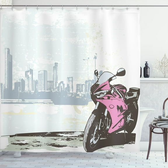 Ambesonne Cityscape Shower Curtain, Motorbike by River, 69"Wx70"L, Pink Black