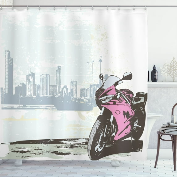 Ambesonne Cityscape Shower Curtain, Motorbike by River, 69"Wx70"L, Pink Black