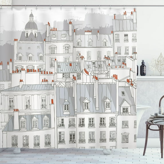 Ambesonne Cityscape Shower Curtain, Paris Aerial Scenery, 69"Wx70"L, Pale Grey Orange White